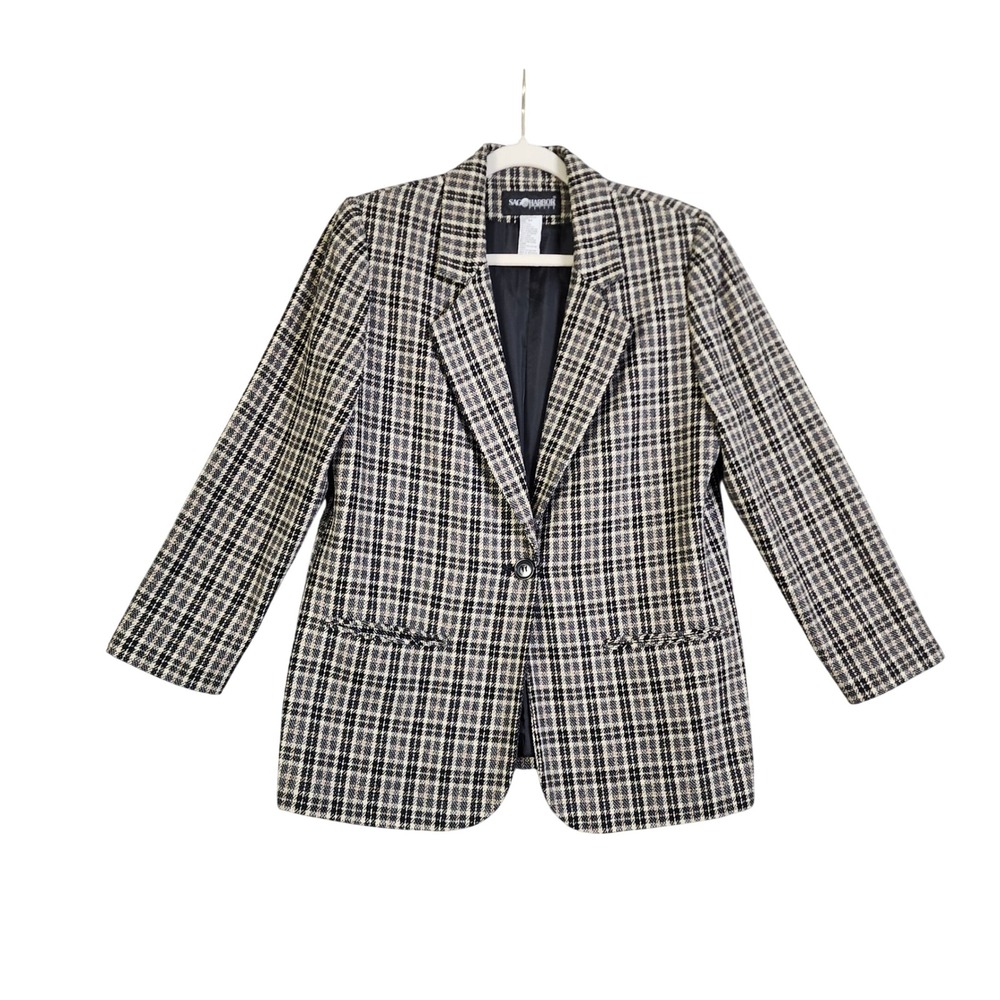 Sag Harbor Womens Vintage Plaid Wool Blend Blazer Jacket Size 8 Petite Oversized